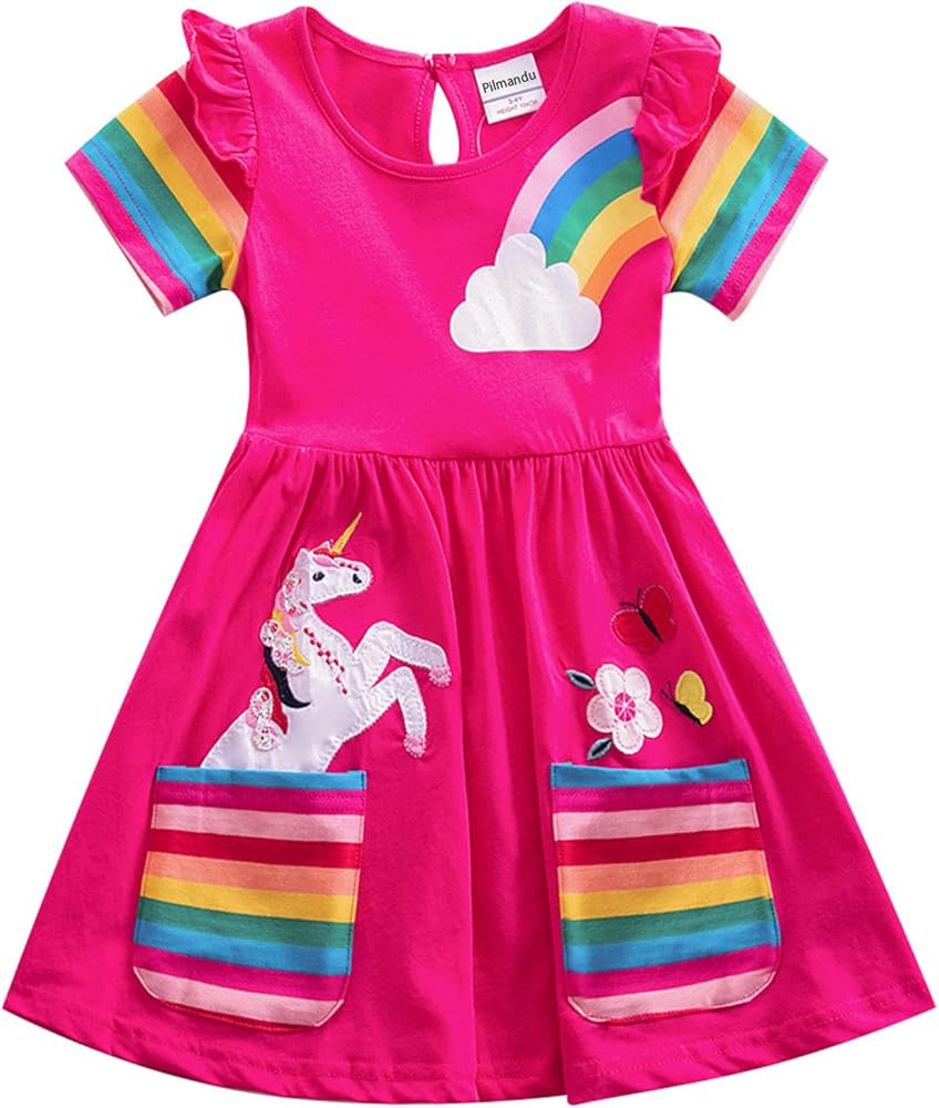 Cotton Toddler Girls Dress Flower Rainbow Outfits Short Sleeve Unicorn Dresses 2-7 Years