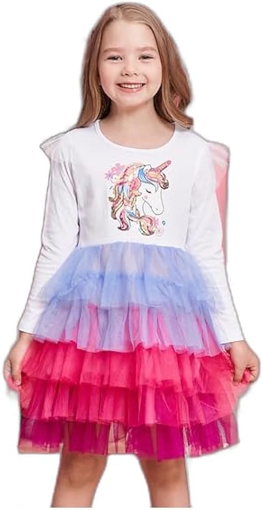 Kids Girls' Dress Cartoon Unicorn Long Sleeve Performance Party Mesh Embroidered