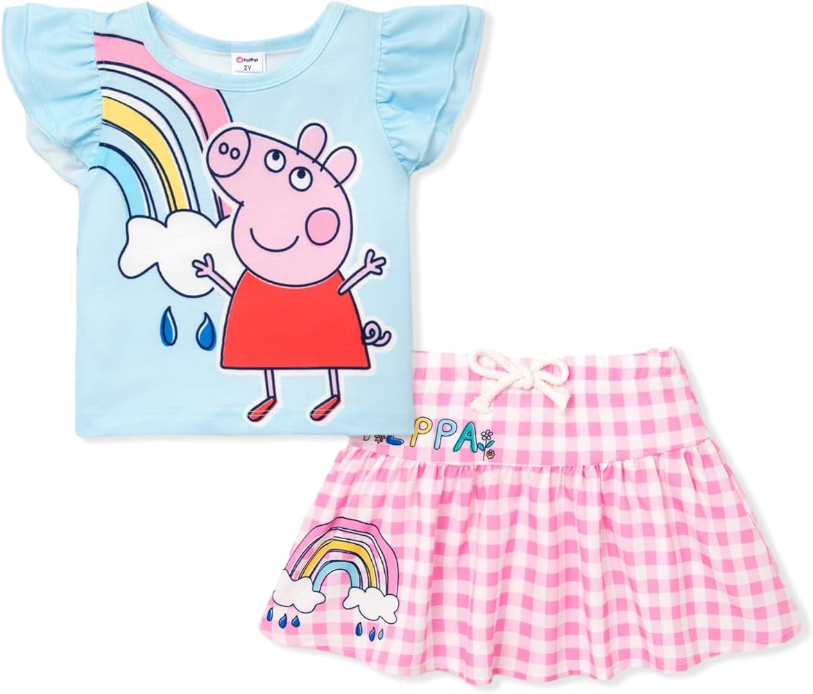 Peppa Pig Toddler Girl 2pcs Outfits Ruffled Top and Floral Print Skirt Set Clothes Set 2-6 Years