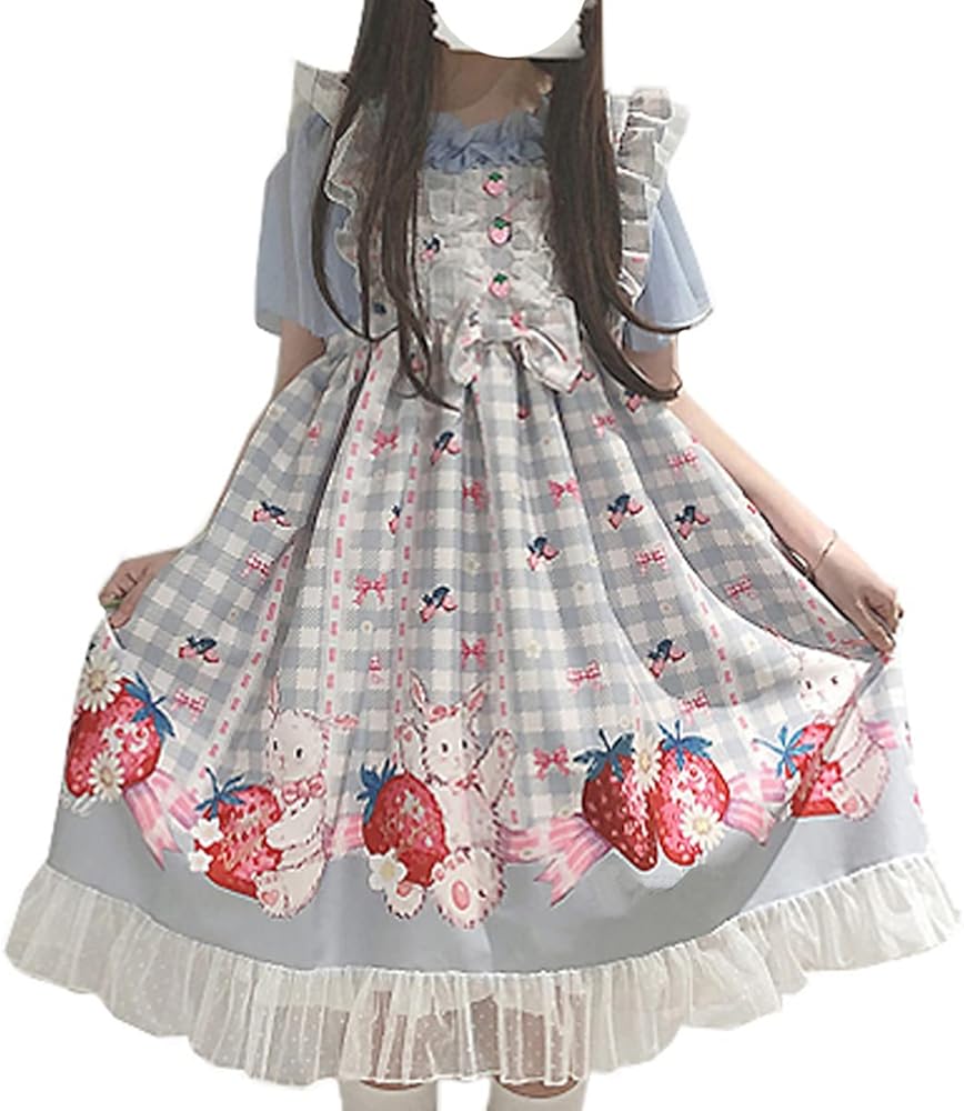 Sweet Teens Japanese Style Lolita Dress Cute Bunny Strawberry Print High Waist Plaid Dresses