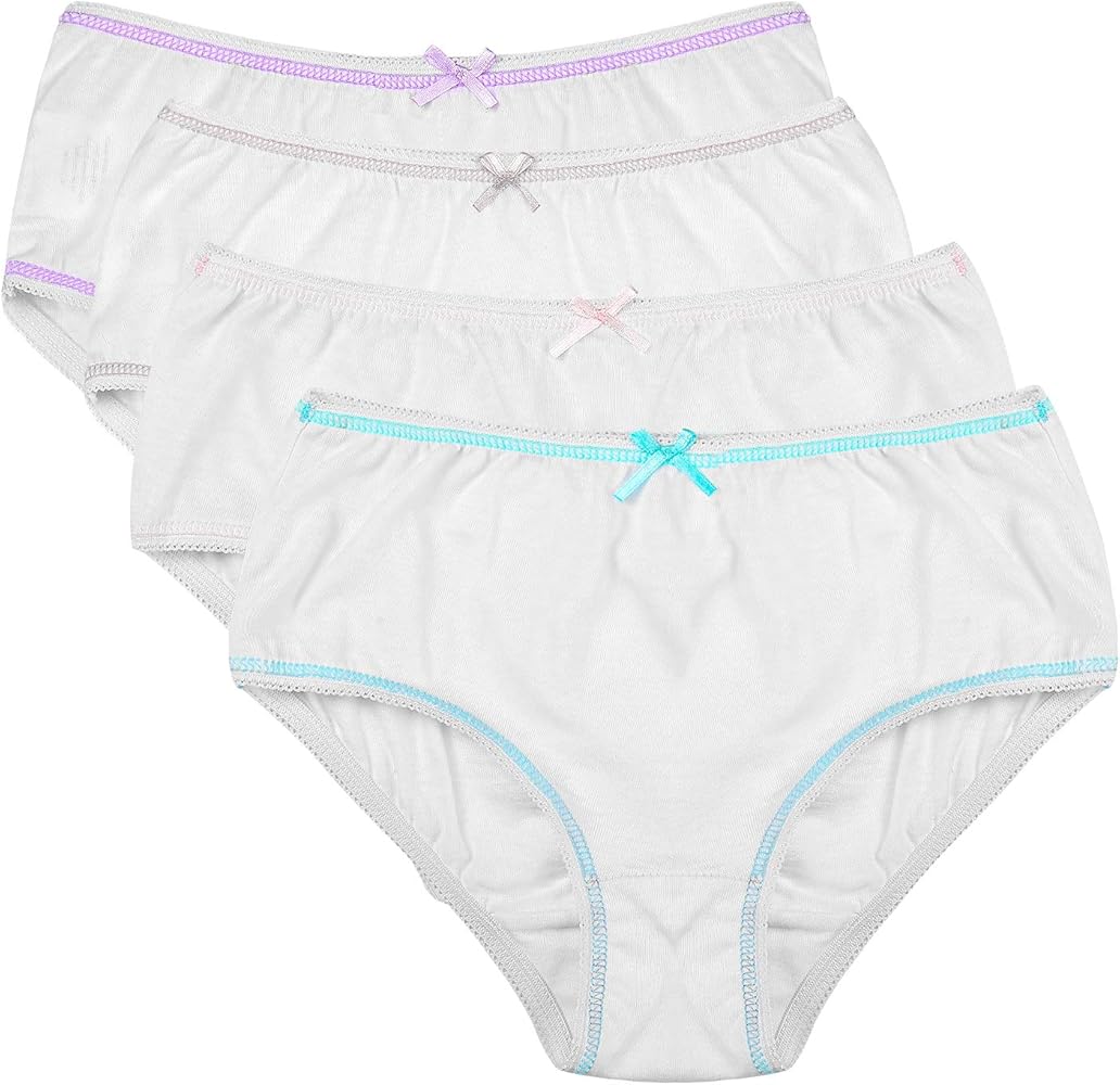 Buyless Fashion Girls Panties White Soft Cotton Briefs Underwear with Colored Trim 4 Pack