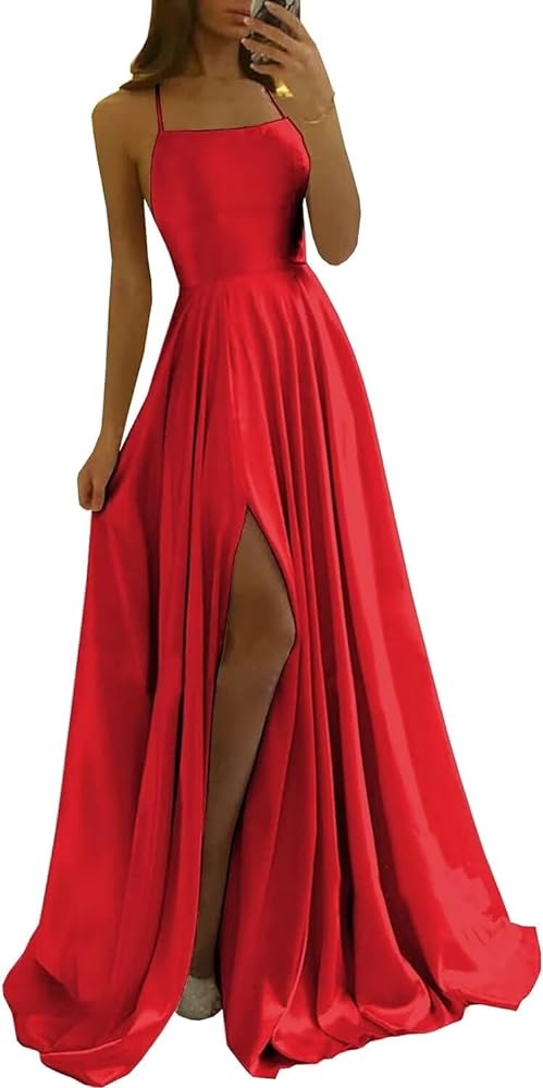 YMSHA Women's Prom Dresses Long 2024 Satin Aline Slit Spaghetti Formal Evening Gowns with Pockets PM10