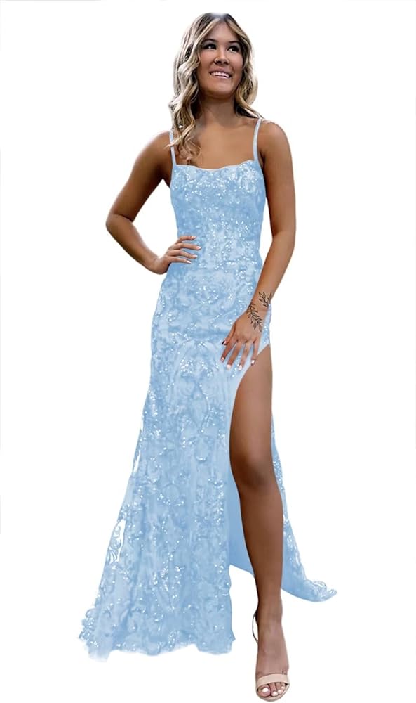 Sparkly Sequin Mermaid Prom Dress 2024 with Slit for Women Spaghetti Straps Evening Formal Gown RA004B