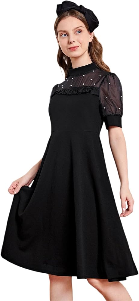 WDIRARA Girl's Dress for Summer Sheer Mesh Puff Short Sleeve Mock Neck Pearls Flared Dress