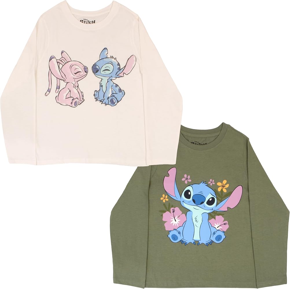 Disney Lilo and Stitch Girls Graphic Tees Long Sleeve T Shirts Classic Lilo & Stitch Print T Shirt 2 Pack Girls Tops