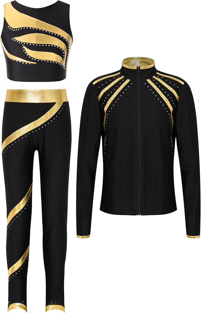 Kids Girls Tracksuit Gymnastics Long Sleeve Zip Outerwear Crop Top and Sparkly Rhinestones Leggings Set Activewear