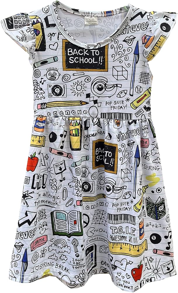 Girls Back to School Dresses - Apple, Pencils, Notebooks Fun Supplies Print Dresses