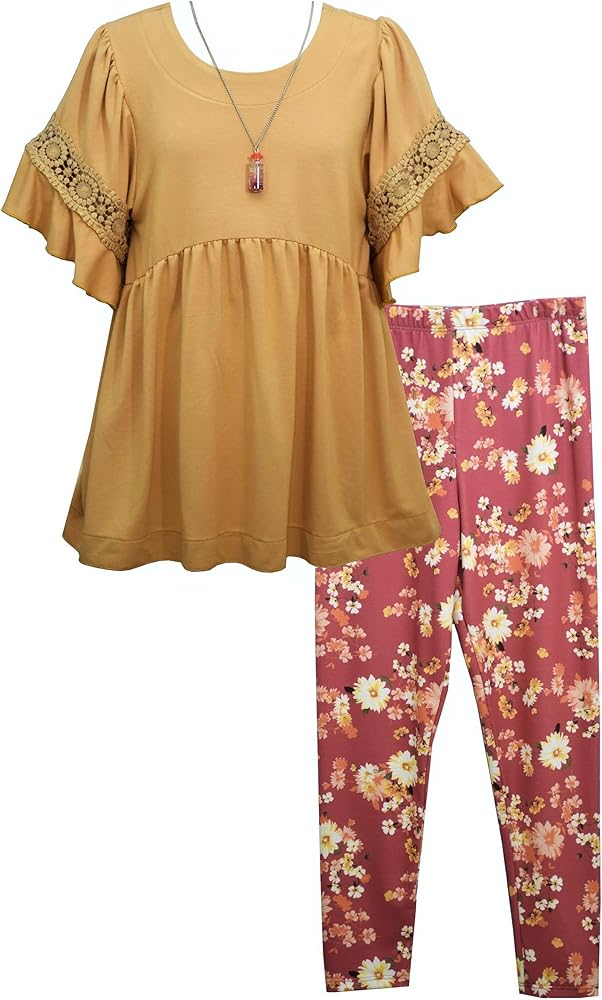 Bonnie Jean Girls 7-16 Mustard Crochet Tunic Top Pink Floral Legging Set