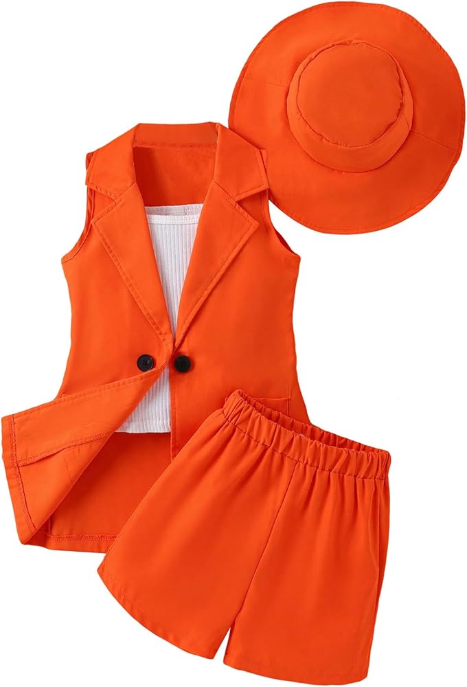 Milumia Girl's 4 Piece Outfits Solid Cami Button Front Vest Blazer Shorts with Hat