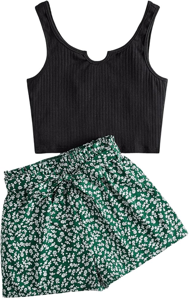 Floerns Girl's 2 Piece Outfit Notched Rib Knit Tank Top and Ditsy Floral Print Belted Shorts Sets