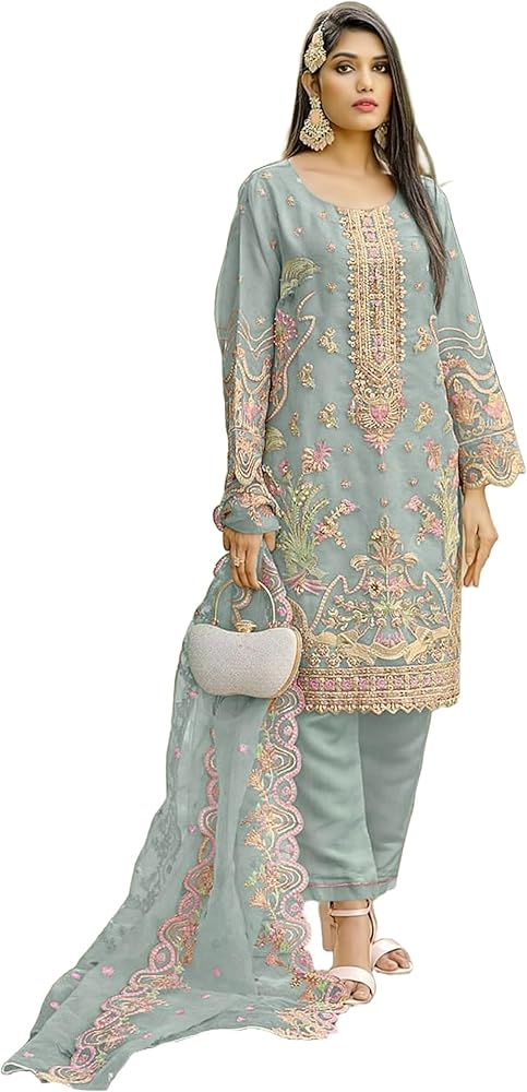 Elegant Indian Organza Silk Heavy Embroidered Pakistani Stitched Suit Pant Set Girls Wear Muslim Salwar Kameez316a