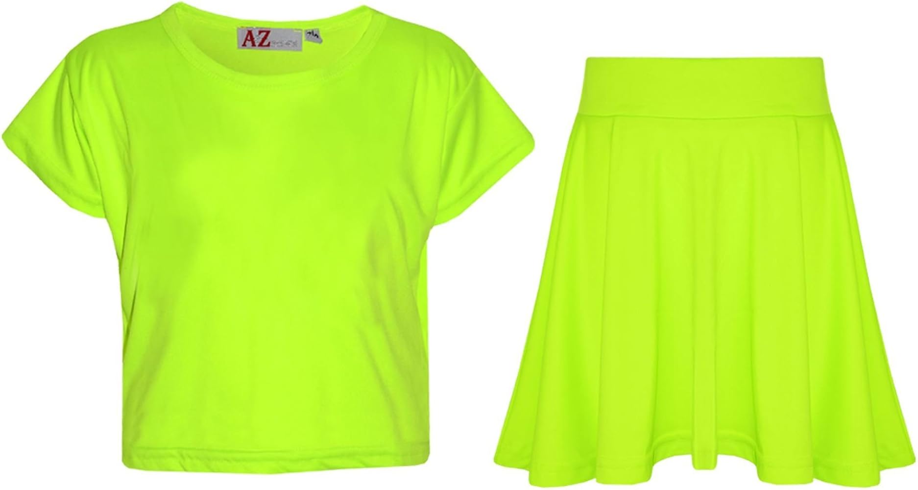 Girls Plain Crop Top & Skater Skirt Set - New Crop Top Plain Skirt N. Green 9-10