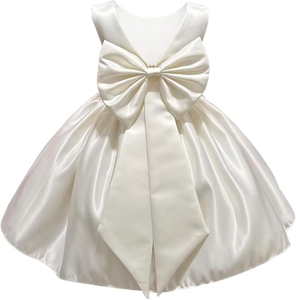 Satin Flower Girl Dress Knee Length Short Dress First Communion Dresses for Girls Kid Bow-Knot Princess Birthday Gown