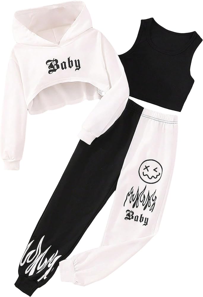 SHENHE Girl's 3 Pieces Sweatsuit Graphic Crop Tank and Hoodie with Colorblock Sweatpants Set