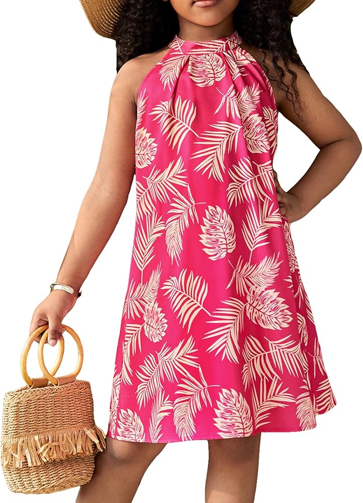 Floerns Girl's Sleeveless Halter Neck Tie Back Tropical Print Boho Summer Dress