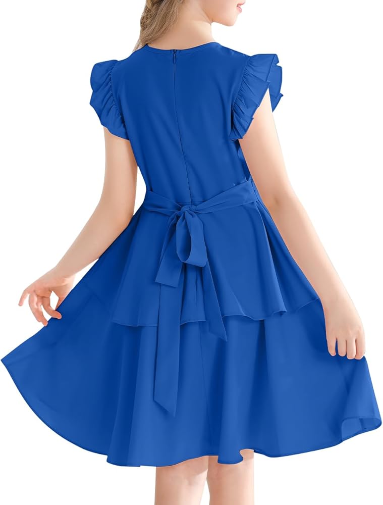 Girls' Dresses Ruffle Sleeve Solid Semi Formal Tiered Swing Midi Casual Summer Dress 6-14 Years