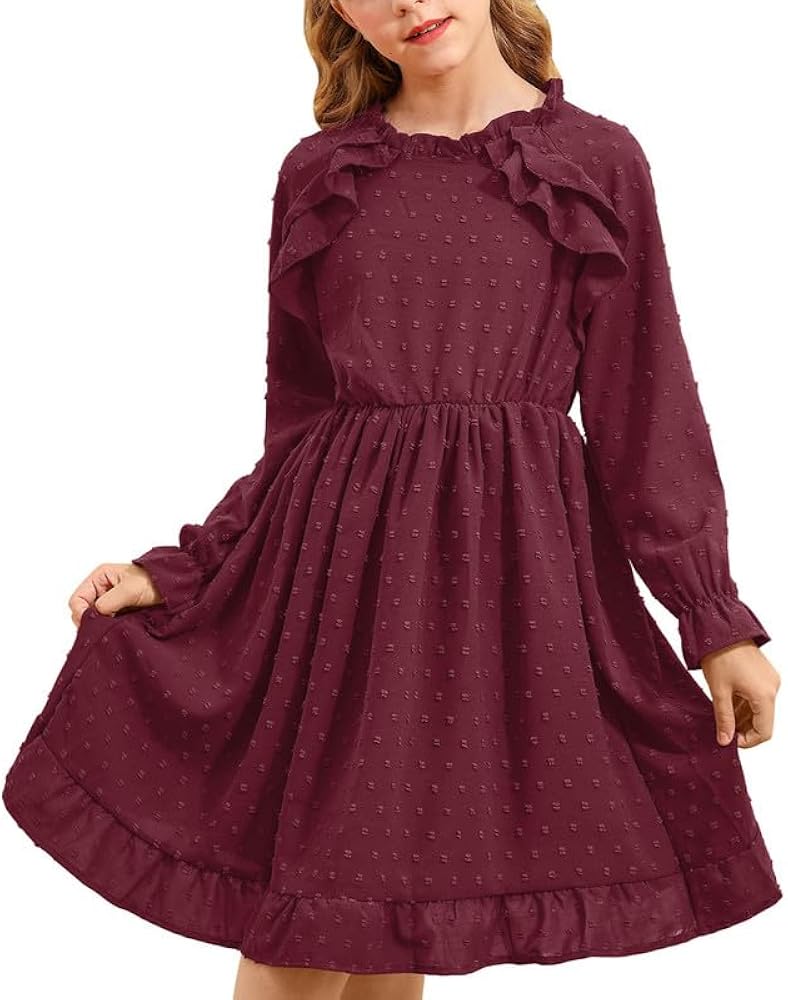 BesserBay Fall Girls Ruffle Trim Long Sleeve Swiss Dot Ruffle Collar Midi Dress 4-14 Years