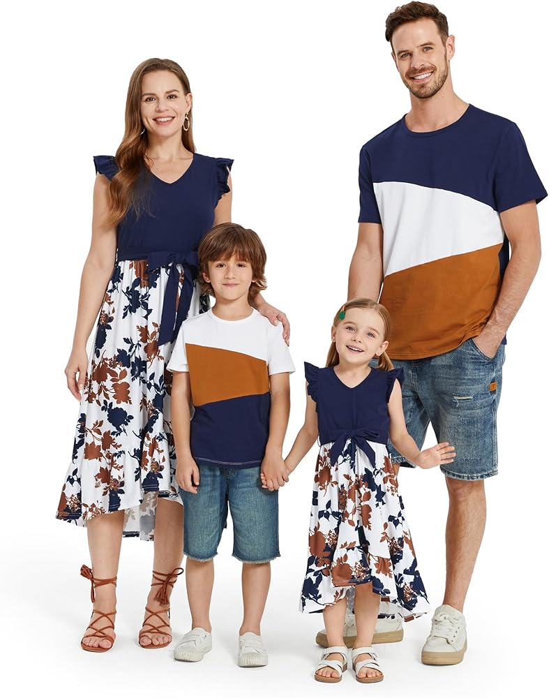 PATPAT Family Matching Outfits Crewneck Ruffle Cuffs Floral Print Dresses and Short Sleeve T Shirts