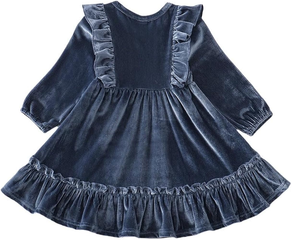 Blue Ruffle Velvet Girls Long Sleeve Dress