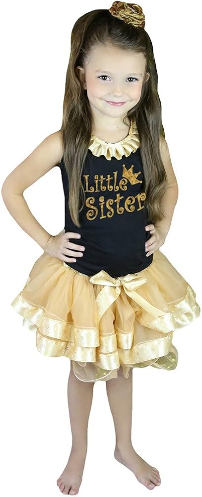 Petitebella Bling Little Sister Black Shirt Gold Stars Khaki Petal Skirt Nb-8y