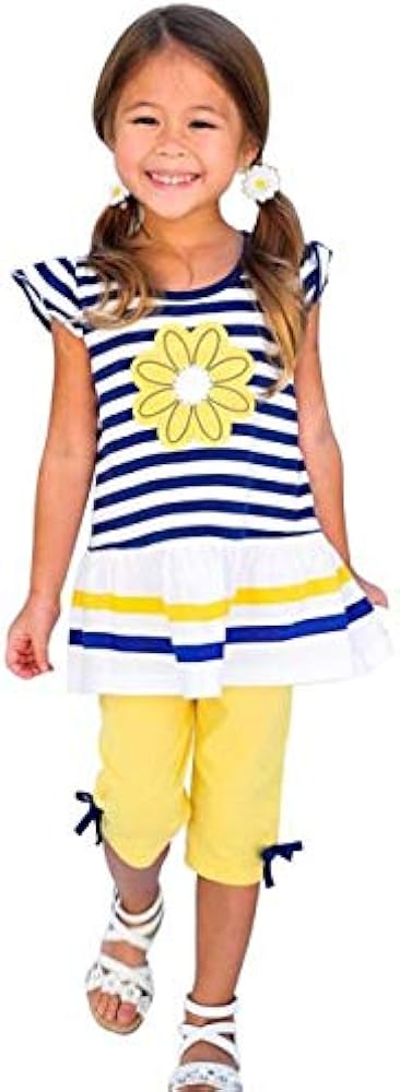 Kids Girls 2 Piece Outfit Sets Striped Floral Tops Yellow Capri Pants Toddler Girls Summer Clothes Outfits 1-8 Years