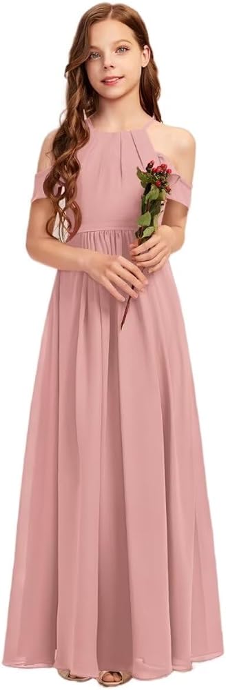 Junior Bridesmaid Dress for Teen Girls, Flower Girl Dresses A-line Halter Floor-Length Chiffon