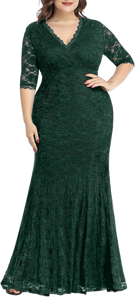 Women's Plus Size Wedding Prom Gown Evening Party Bridesmaid Floral Lace Long Wrap V Neck Mermaid Dress