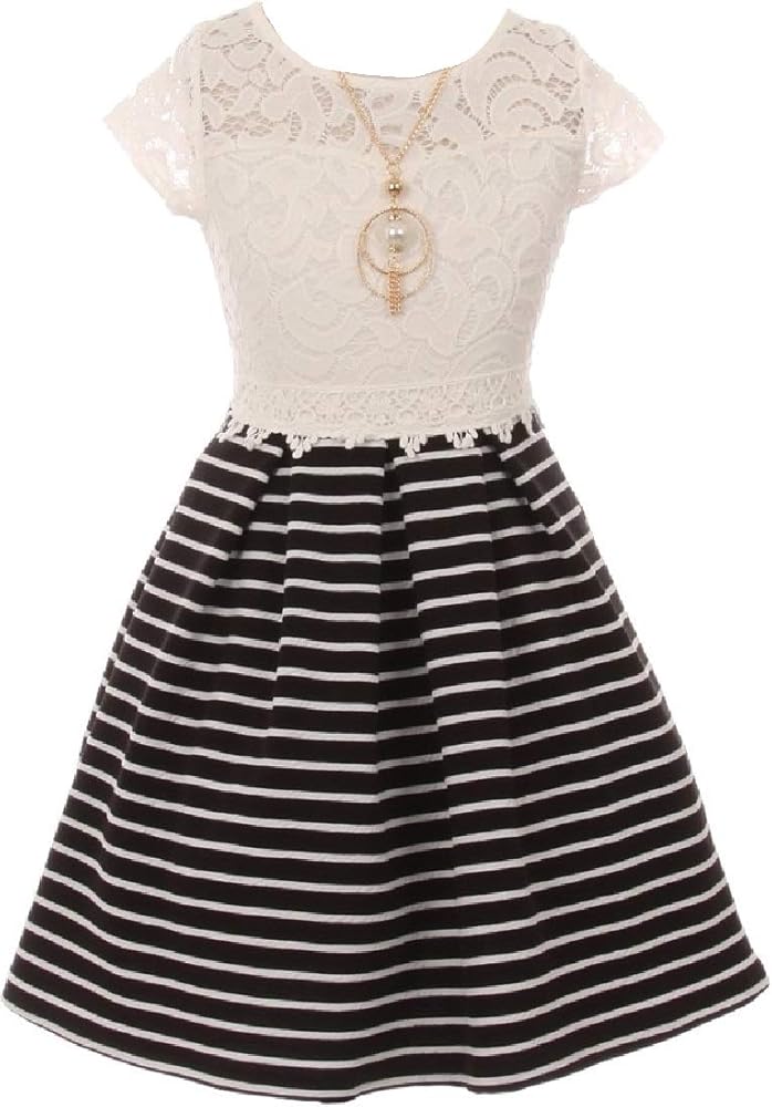 Cap Sleeve Lace Top Stripe Design Necklace Easter Flowers Girls Dresses