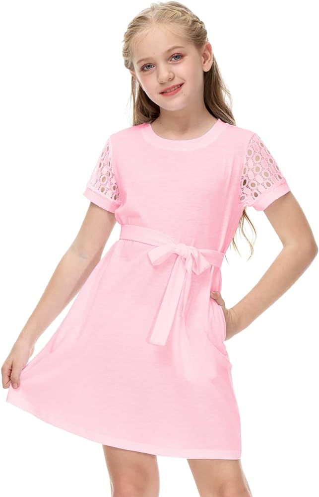 Kid Girls Lace Sleeve Dress Vintage Casual Summer Tie Waist Belted Swing Dresses Pink 9-10 Years