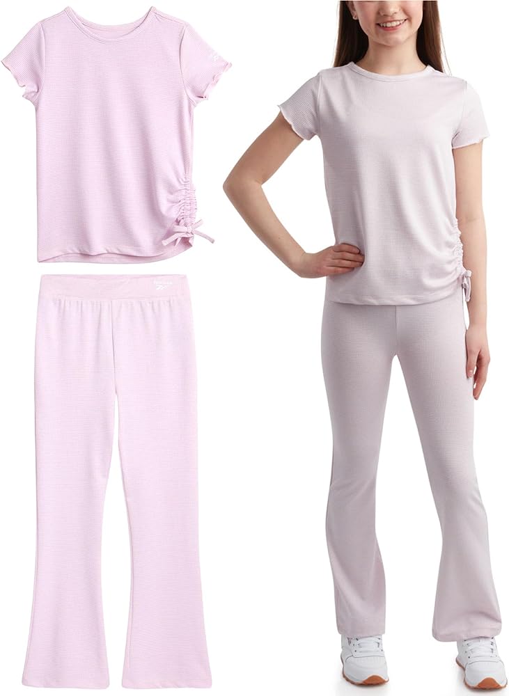 Reebok Girls Flare Leggings Set - 2 Piece Performance Cinched Hem T-Shirt and Wide Leg Yoga Pants - Girls Summer Outfit, 7-12