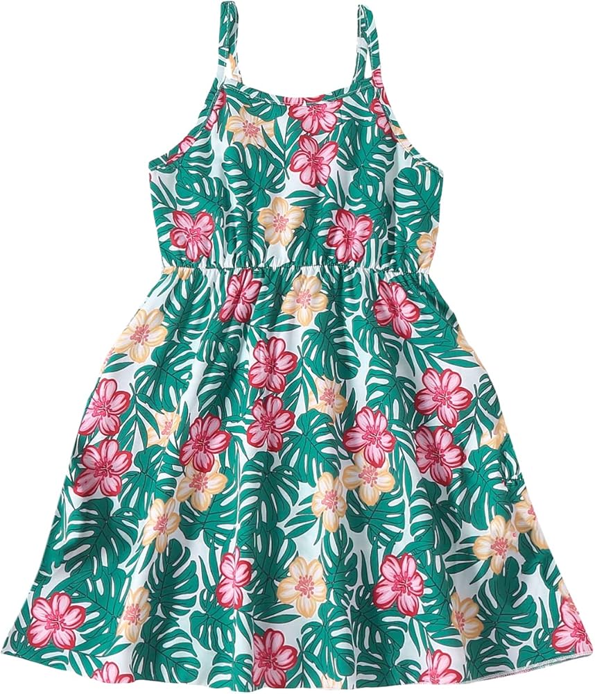 WDIRARA Toddler Girl's Floral Tropical Print Sleeveless Ruffle Hem A Line Flared Cami Dress