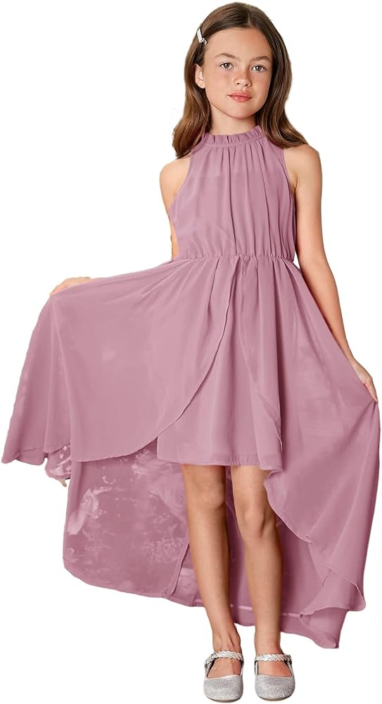 WDIRARA Girl's High Low Hem Chiffon Sleeveless A Line Frilled Neck Flowy Long Dress