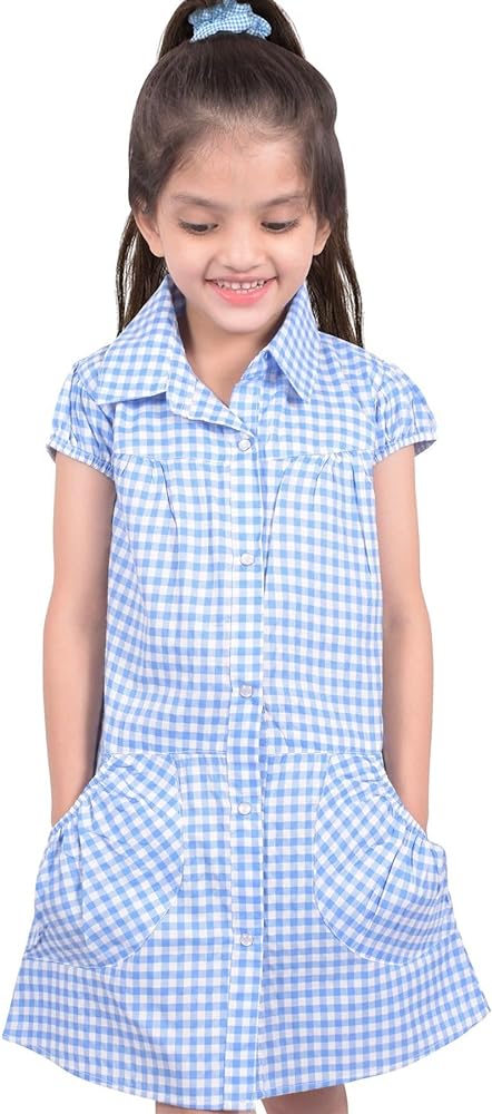 A2Z 4 Kids Girls Uniform School Dress Soft Comfortable Gingham Check Printed Dresses with Matching Scrunchies