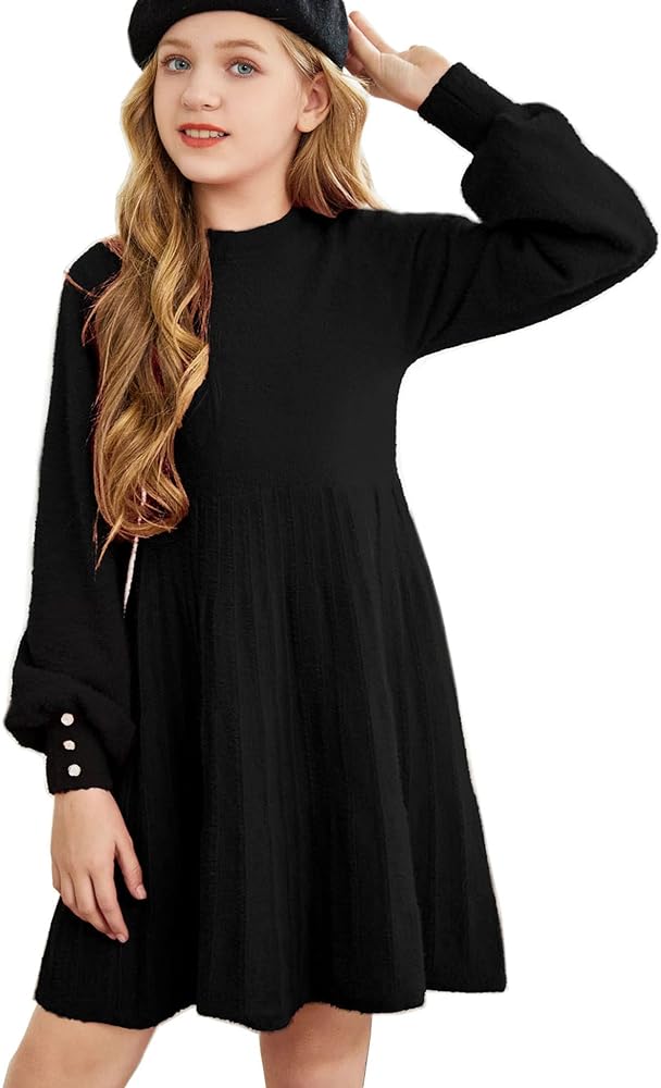 Arshiner Girls Long Sleeve Dress Pleated Crew Neck Solid Twirl Sweater Dress Black 10-11 Years