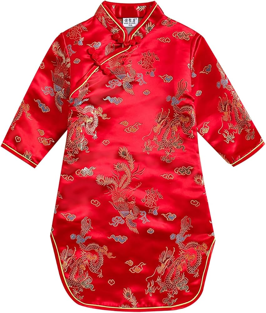 Girls Qipao Peony Long Sleeve Dress Chinese New Year Clothing Chinese Traditional Clothes for Kids Toddler 1-12Y