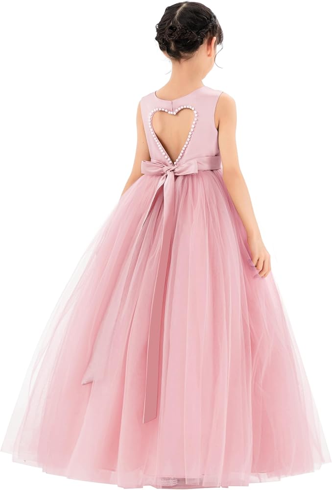 ekidsbridal Satin Heart Cutout Flower Girl Dresses Pearl Beaded Trim Dancing Fashion P250