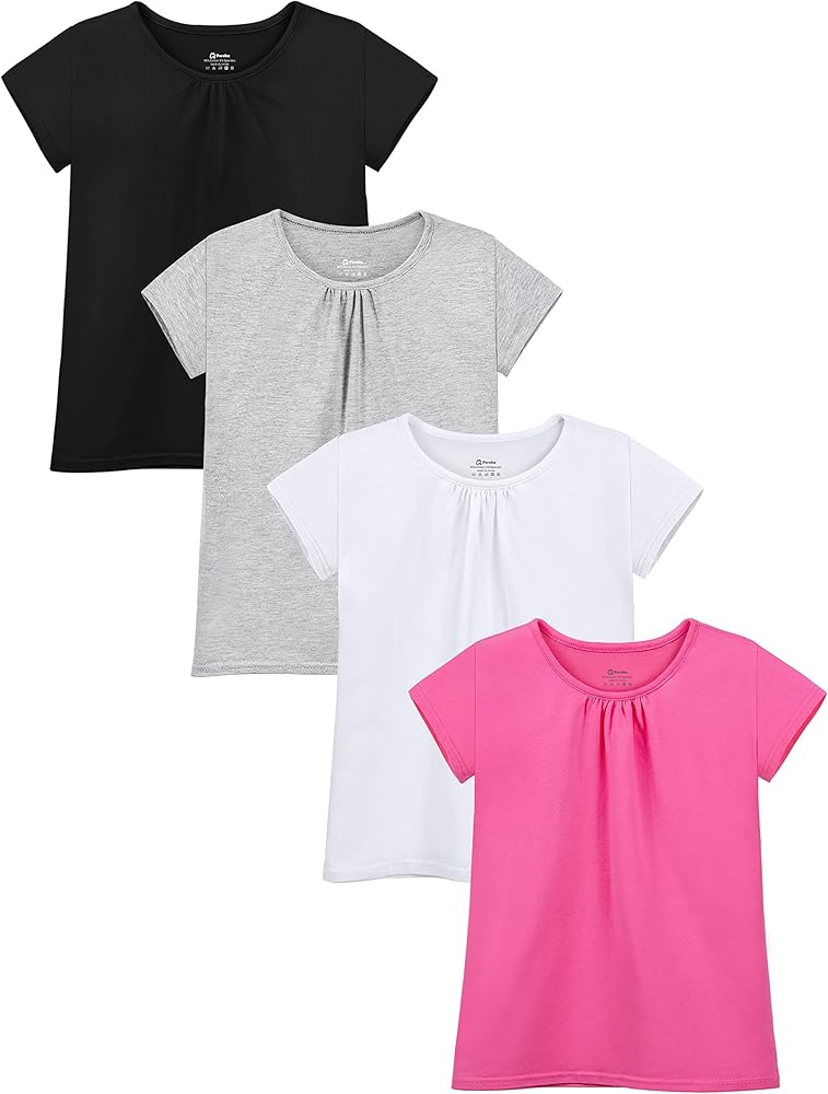 Poroka 4 Pack Children Girls' Cotton Short Sleeve Puff Sleeve Tee Tops Solid Crew Neck Tee Short-Sleeve Shirts for Kids