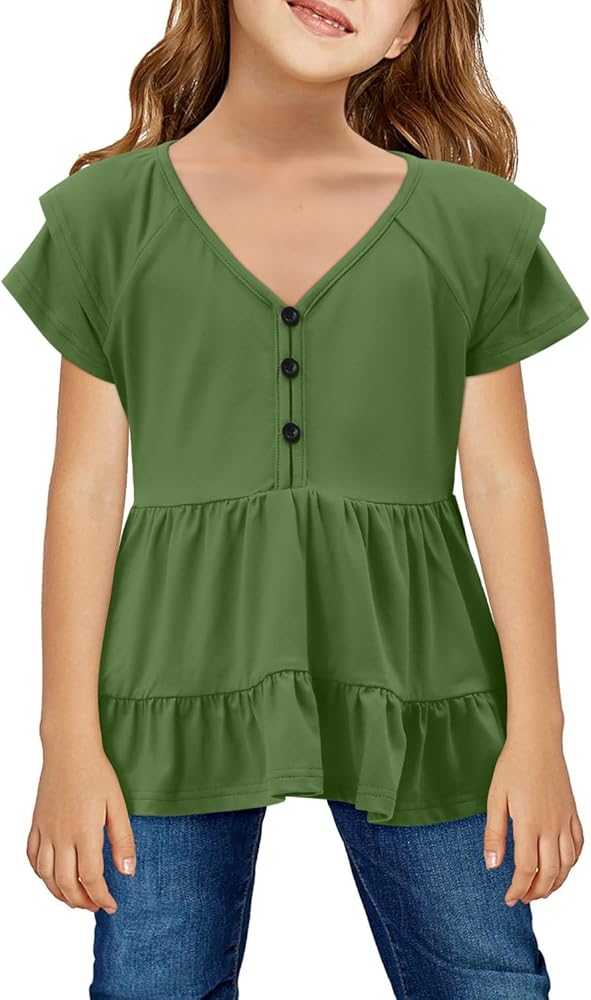 storeofbaby Girls Casual Peplum Tops V Neck Short Sleeve Shirts Button Tunic Blouses 5-14 Years