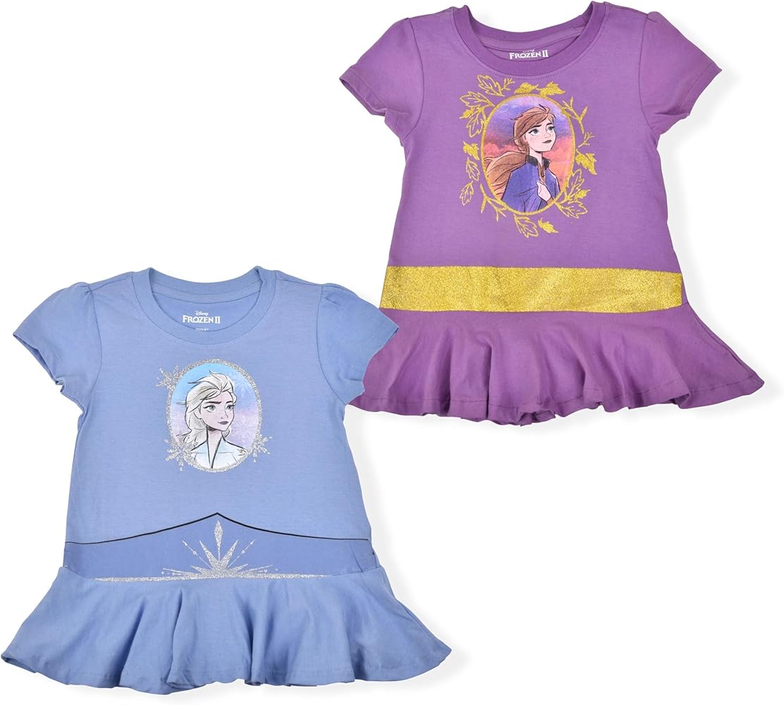 Disney Frozen Elsa and Anna Girls’ 2 Pack T-Shirts for Little Girls – Purple/Blue