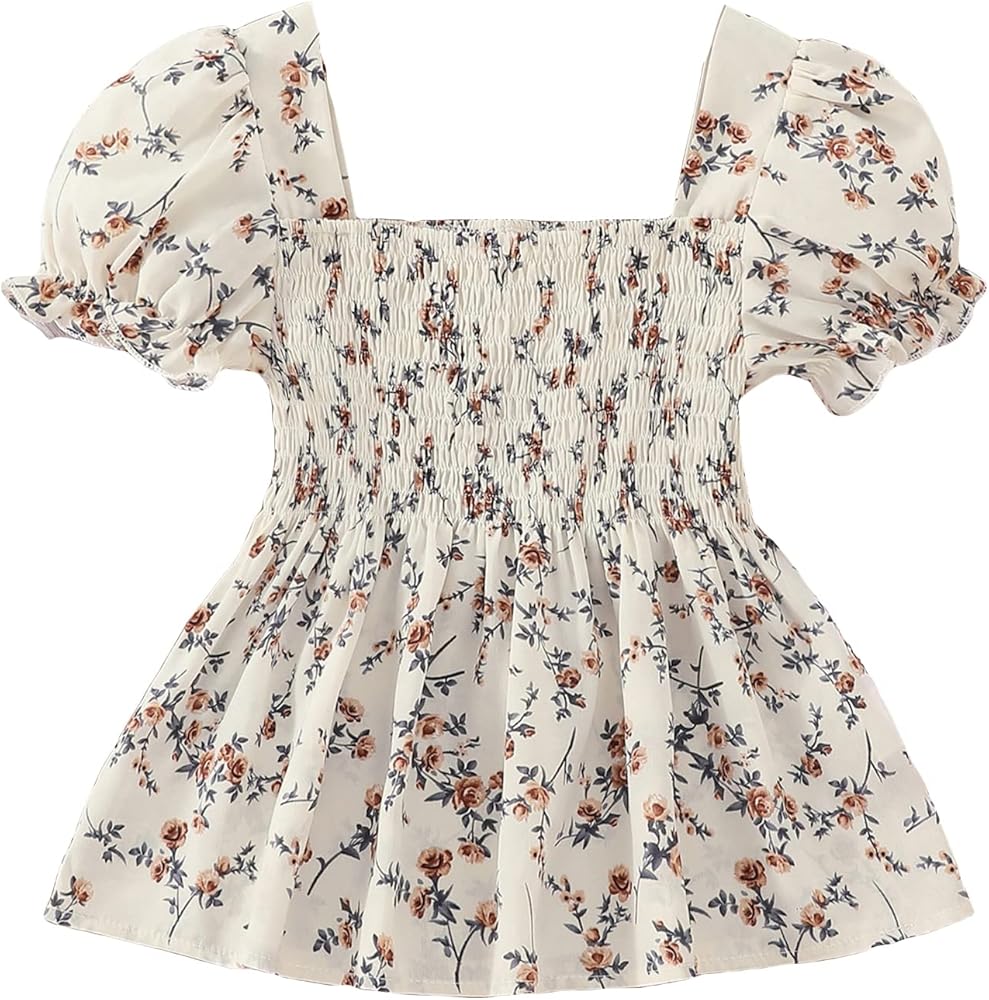 SHENHE Girl's Floral Square Neck Puff Short Sleeve Shirred Blouse Peplum Tops