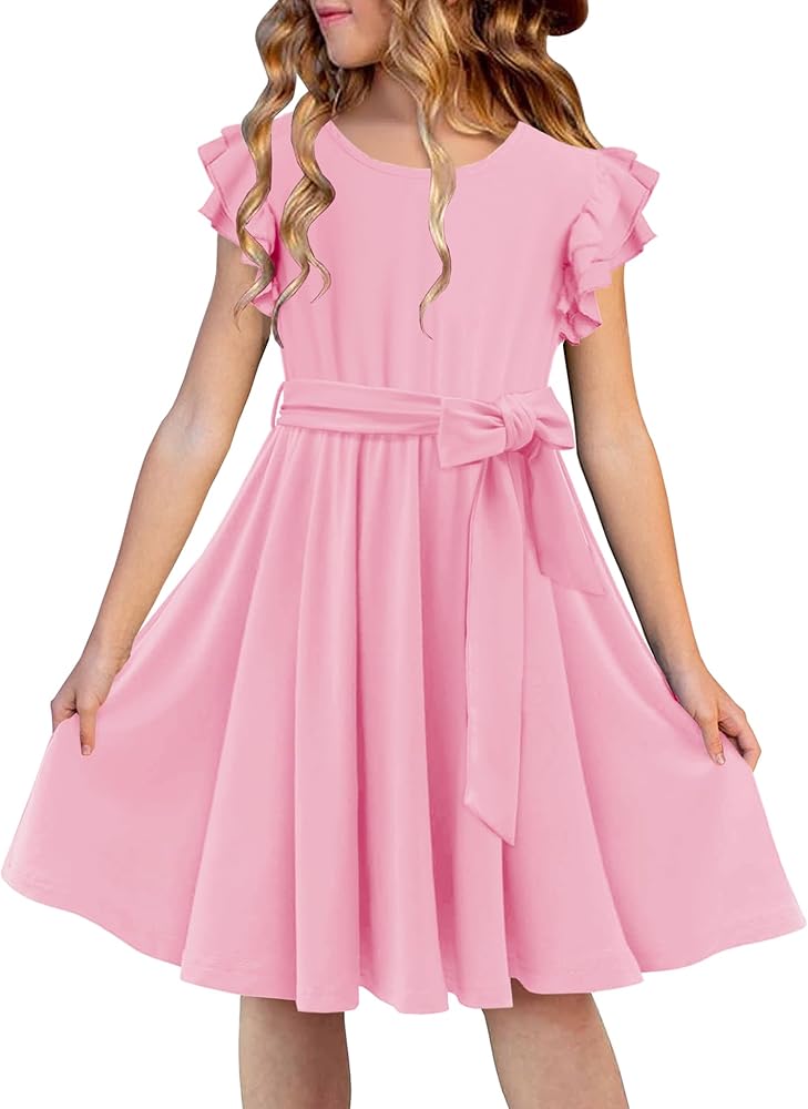 Girls Dresses Summer Ruffle Sleeve Aline Swing Belted Casual Party Dress with Pockets Size 6-14 Years