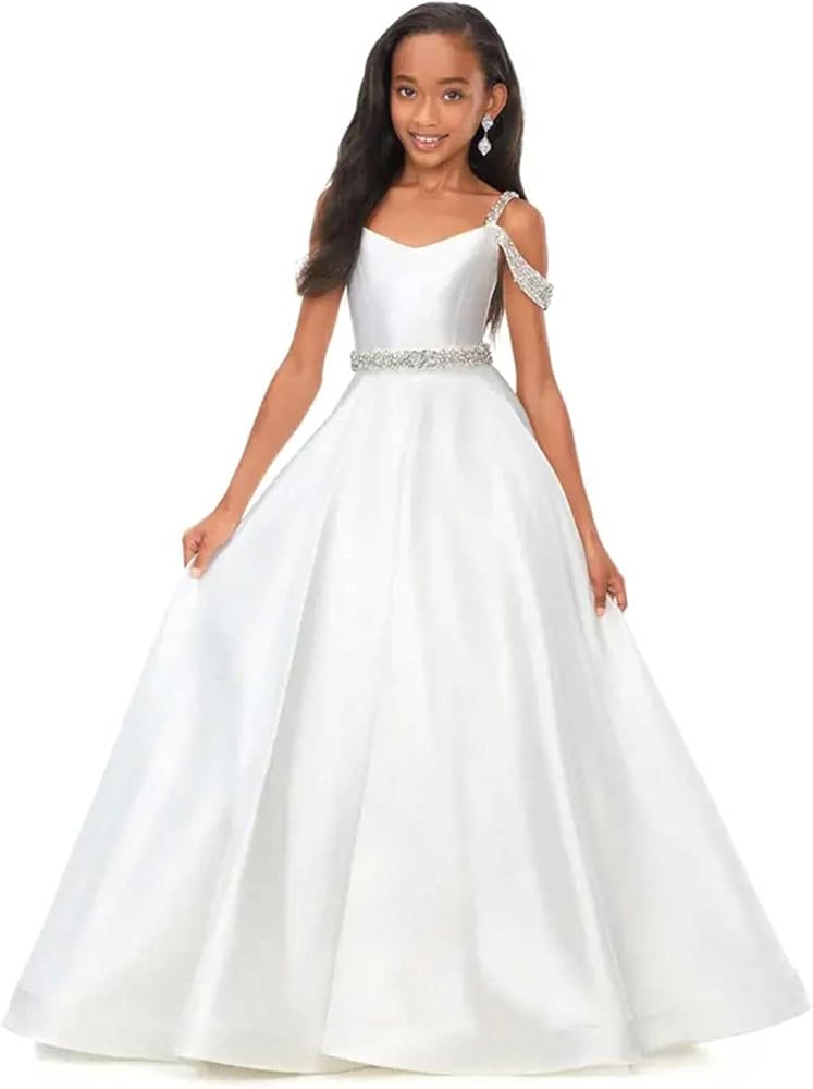 Flower Girls Satin Rhinestone Pageant Dresses Princess Beaded Floor Length Formal Wedding First Communion Gowns