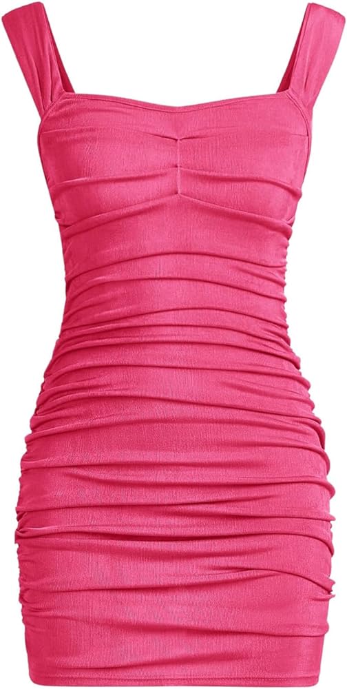 OYOANGLE Girl's Rib Knitted Sleeveless Ruched Strap Bodycon Pencil Mini Tank Dress Summer Casual Dresses