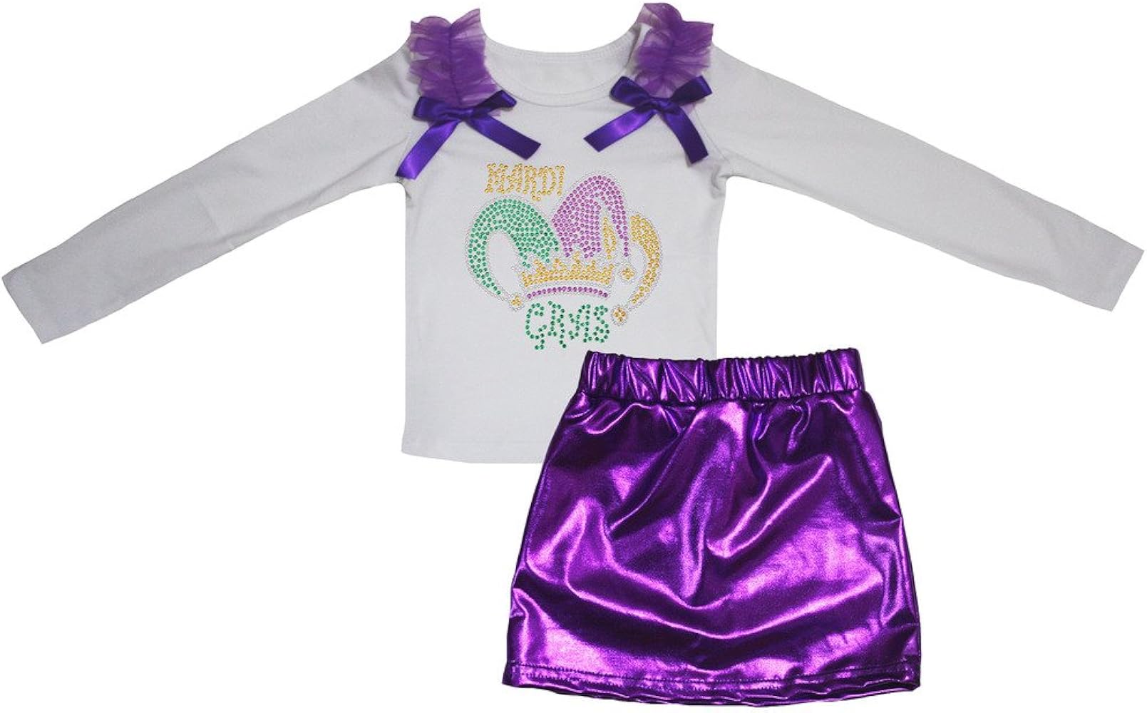 Petitebella Mardi Gras Hat White L/s Shirt Purple Bling Skirt Set 1-8y