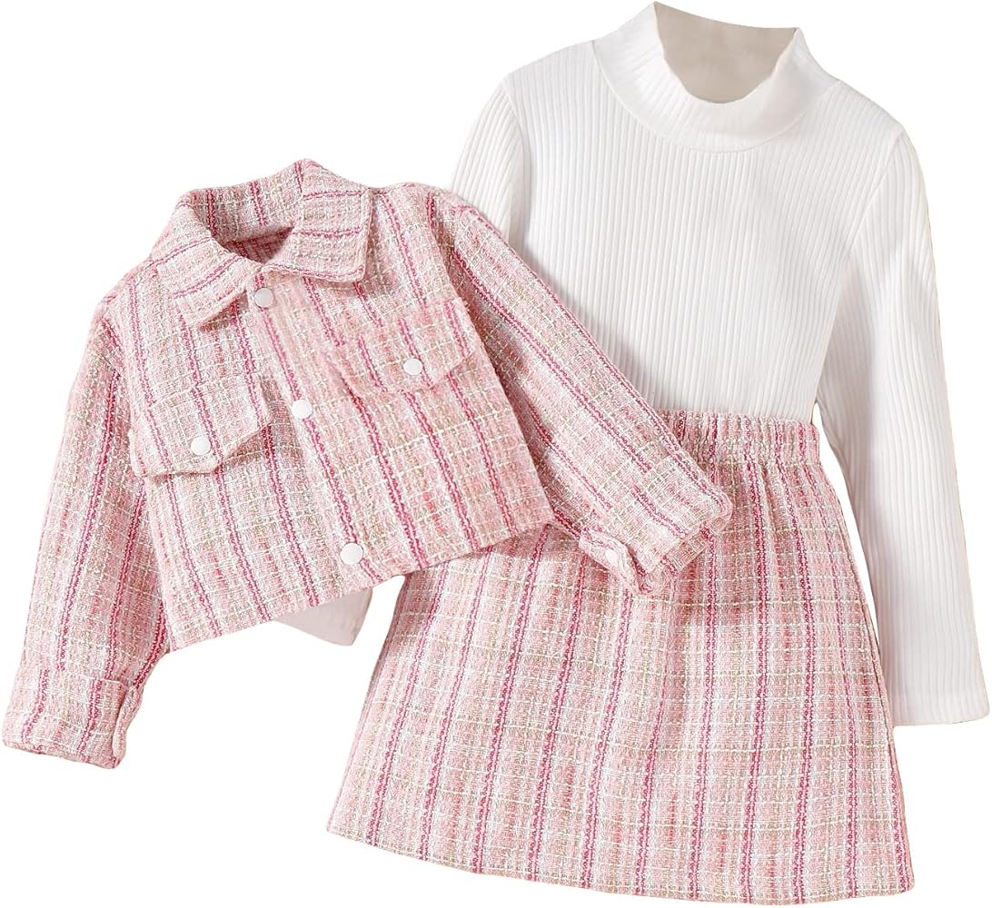 WDIRARA Toddler Girl's 3 Piece Outfits Plaid Tweed Jacket and Mini Skirt Set with Tee Top