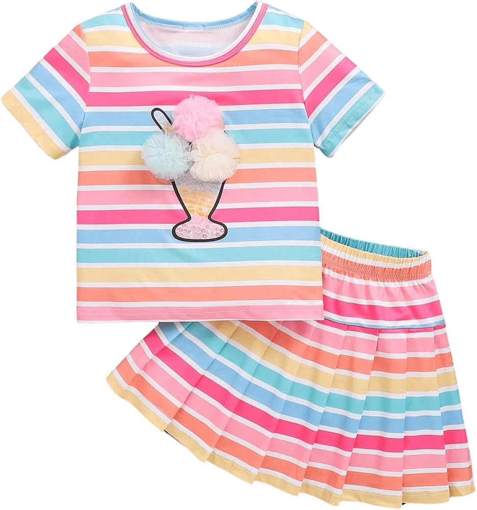 Girl's 2 Piece Outfit Colorful Striped Short Sleeve T Shirt and Pleated Short Skirt Set