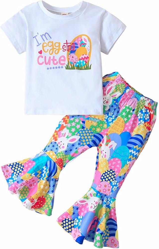 Girls Summer Clothes Rabbit Print Crewneck T Shirt Short Sleeve Flare Pants Two Piece Set Casual Going