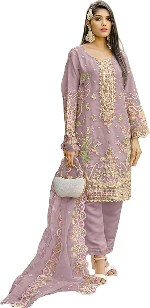 Elegant Indian Organza Silk Heavy Embroidered Pakistani Stitched Suit Pant Set Girls Wear Muslim Salwar Kameez316a (Purple, XL)