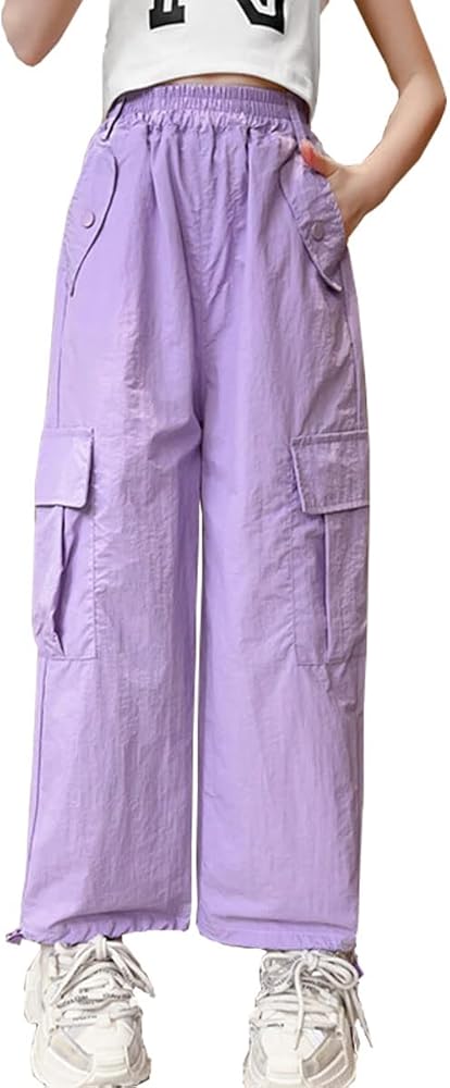 Parachute Pants for Girls Cargo Trousers Elastic Waist Wide Leg Track Pants Y2k Clothing Kids 5-14 Years