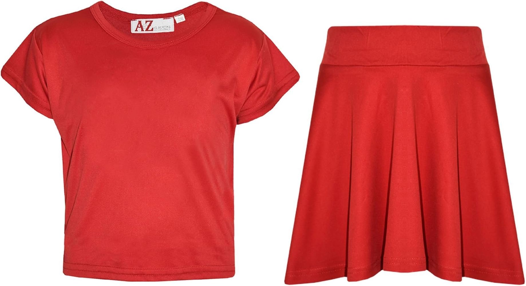 Girls Plain Crop Top & Skater Skirt Set - New Crop Top Plain Skirt Red 11-2